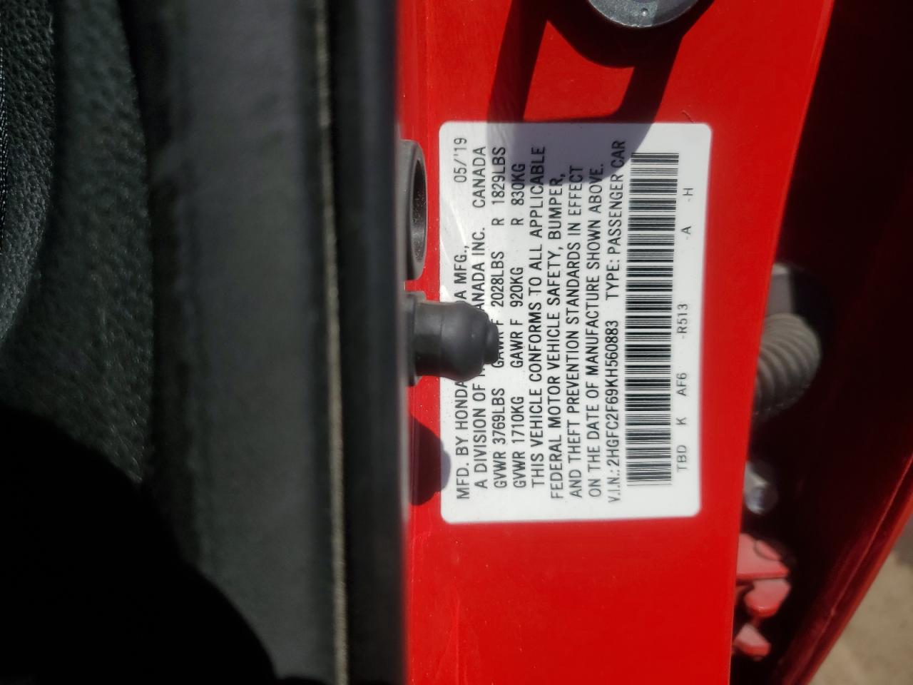 2019 Honda Civic Lx VIN: 2HGFC2F69KH560883 Lot: 56870585