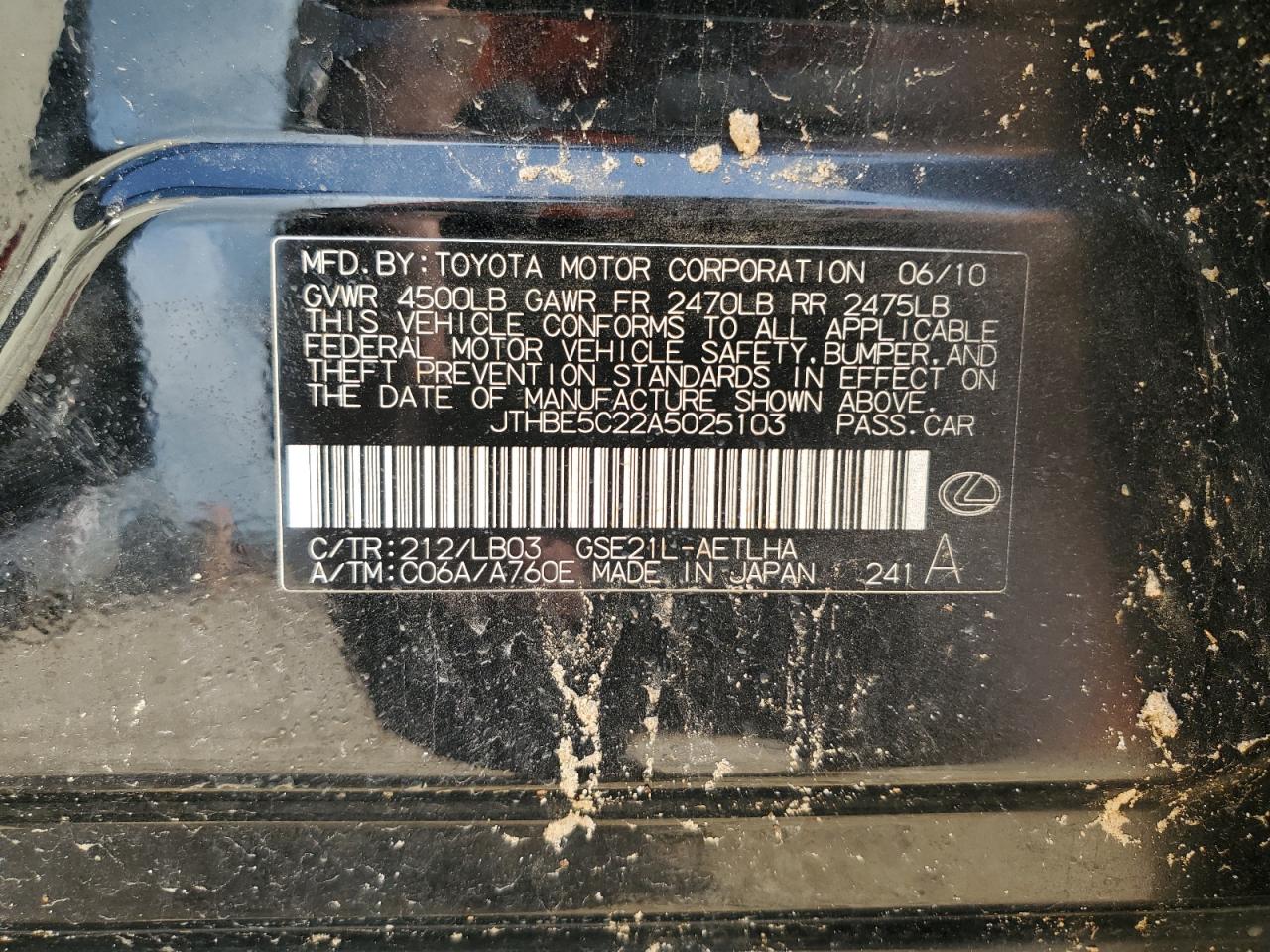 2010 Lexus Is 350 VIN: JTHBE5C22A5025103 Lot: 66533845