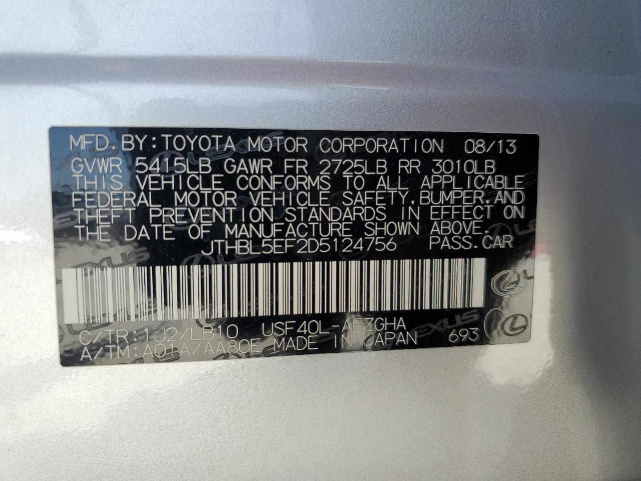 2013 Lexus Ls 460 VIN: JTHBL5EF2D5124756 Lot: 56644645
