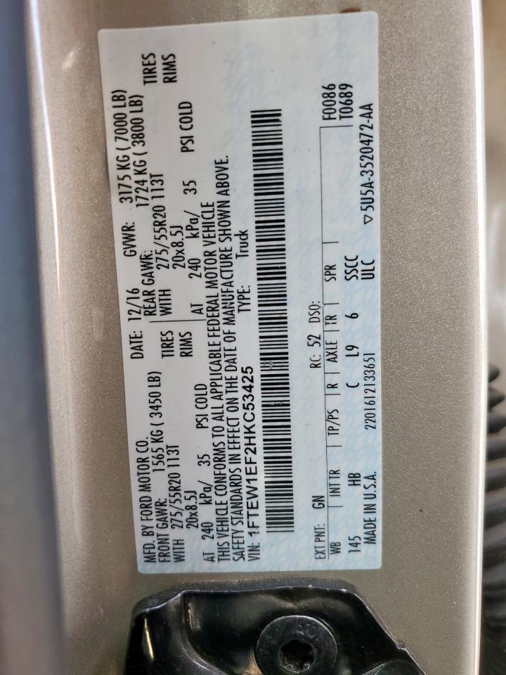 2017 Ford F150 Supercrew VIN: 1FTEW1EF2HKC53425 Lot: 57811685