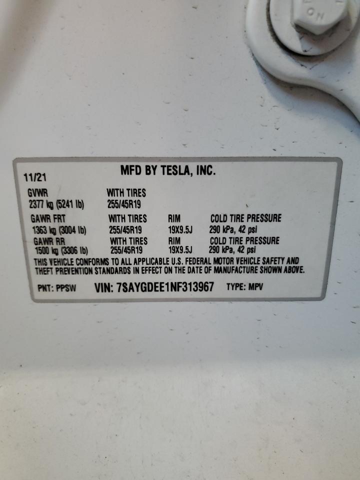 2022 Tesla Model Y VIN: 7SAYGDEE1NF313967 Lot: 56749345