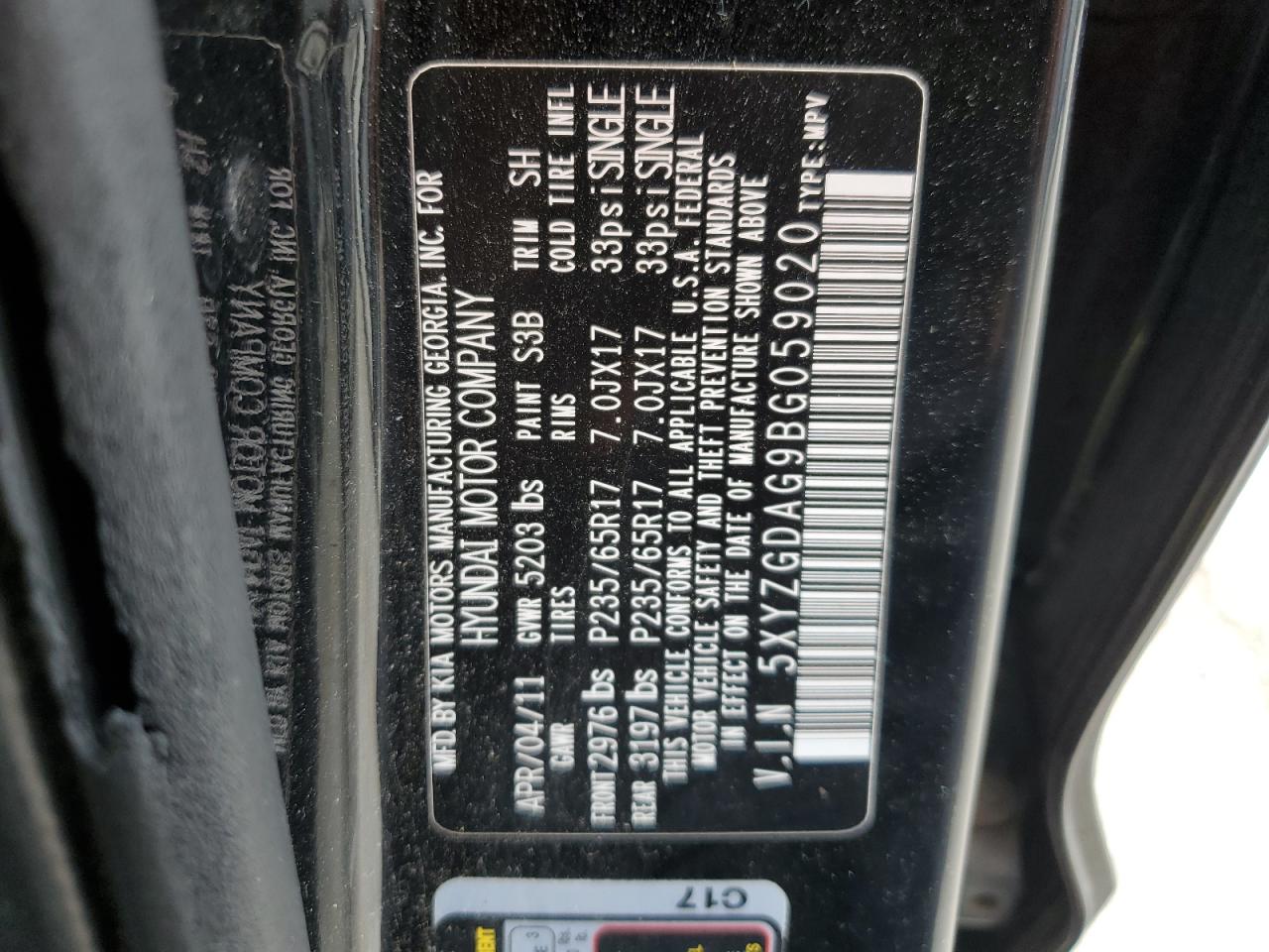 2011 Hyundai Santa Fe Gls VIN: 5XYZGDAG9BG059020 Lot: 55920415