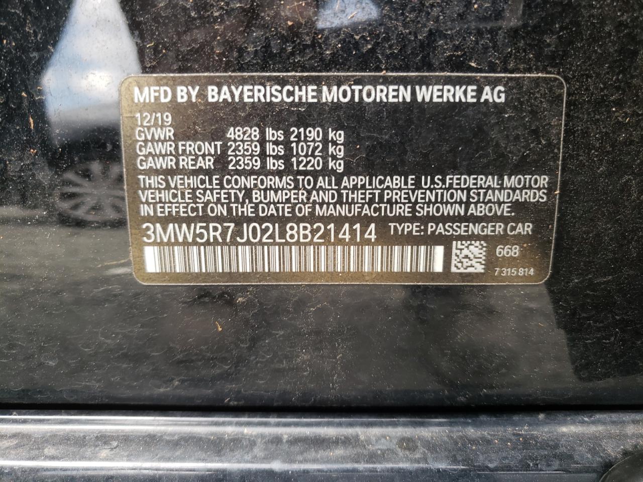 2020 BMW 330Xi VIN: 3MW5R7J02L8B21414 Lot: 55982935