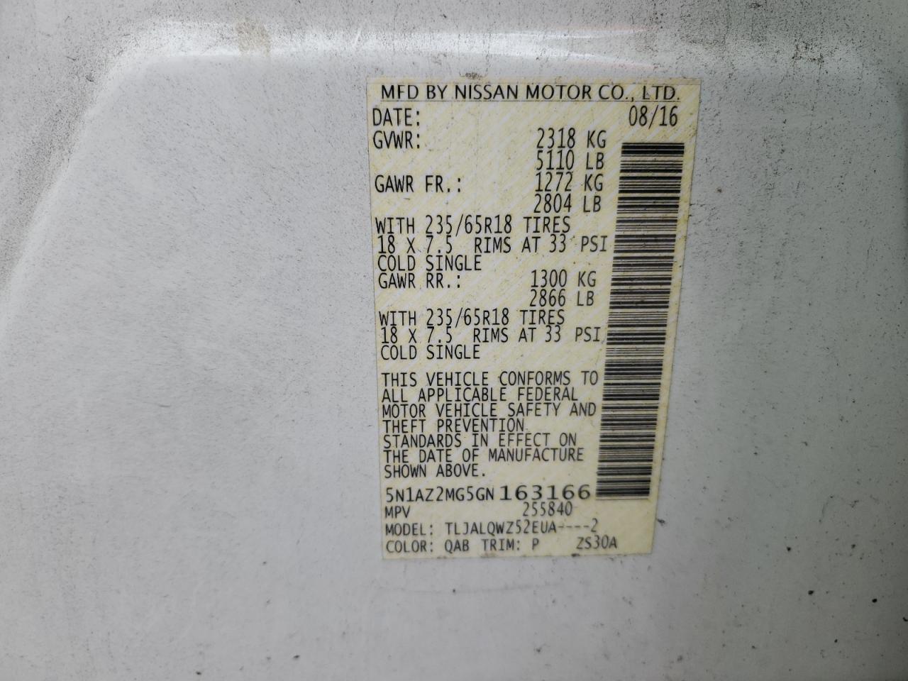 2016 Nissan Murano S VIN: 5N1AZ2MG5GN163166 Lot: 56920095