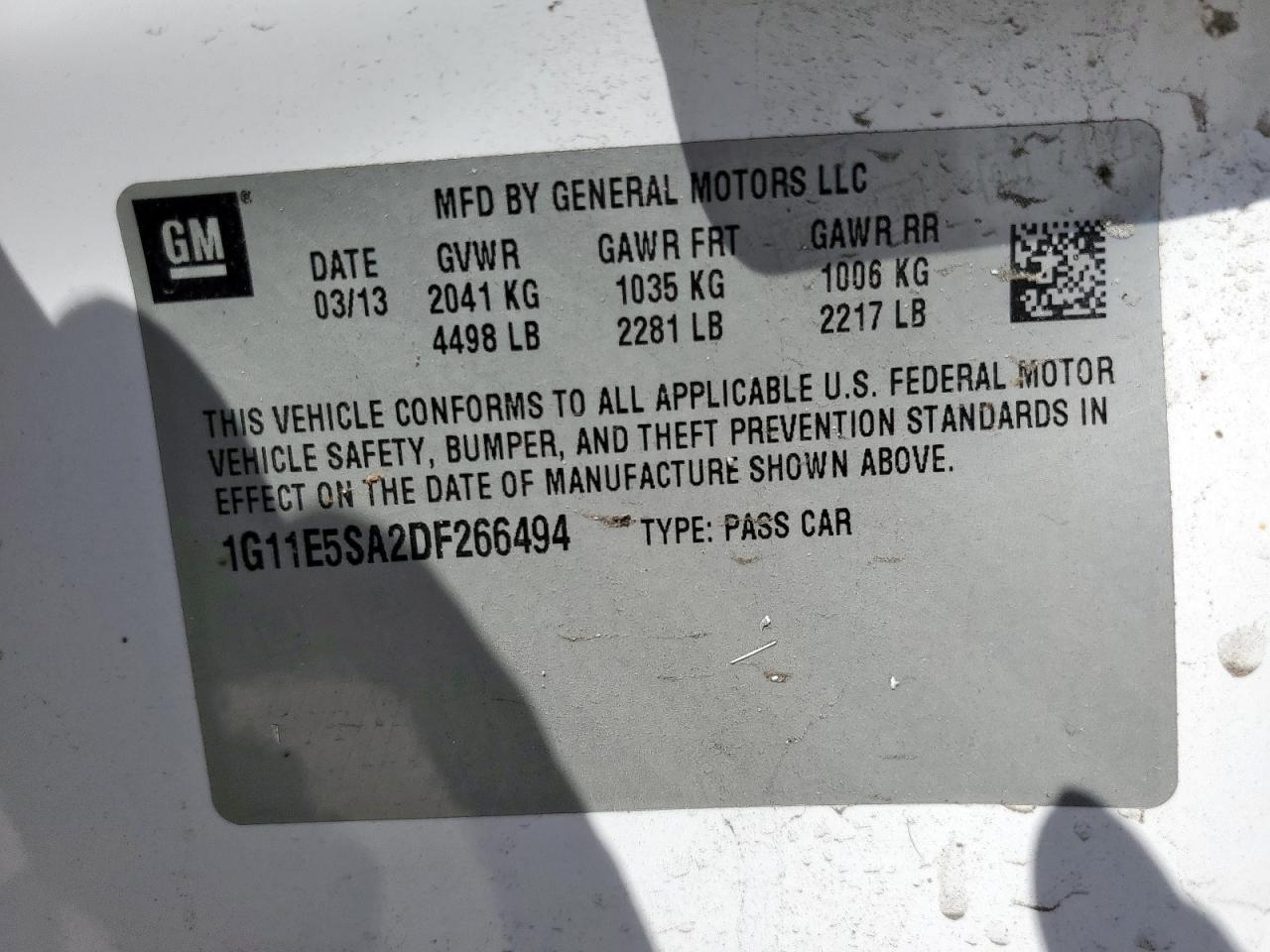2013 Chevrolet Malibu 2Lt VIN: 1G11E5SA2DF266494 Lot: 55904315