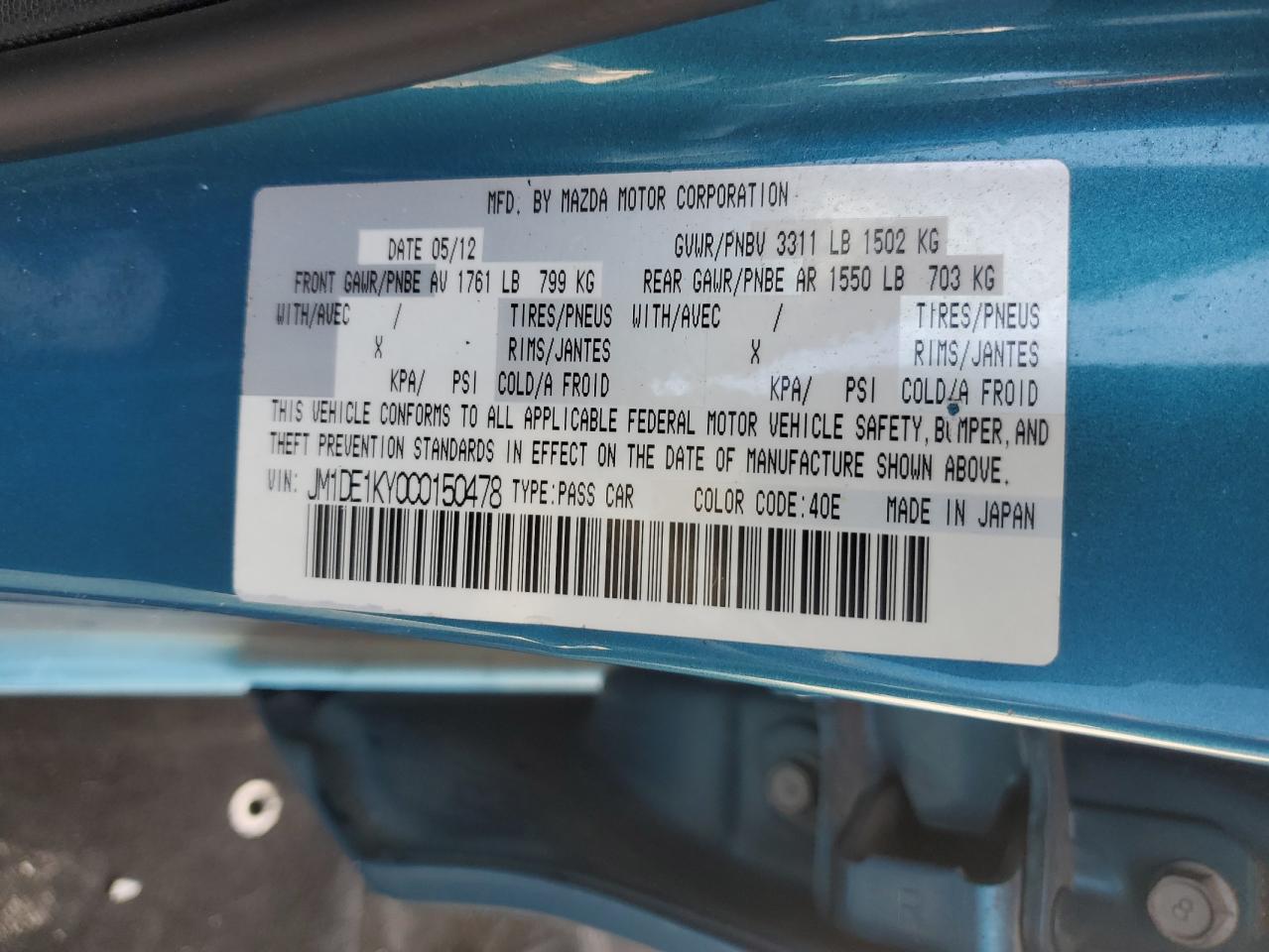 2012 Mazda Mazda2 VIN: JM1DE1KY0C0150478 Lot: 58904005
