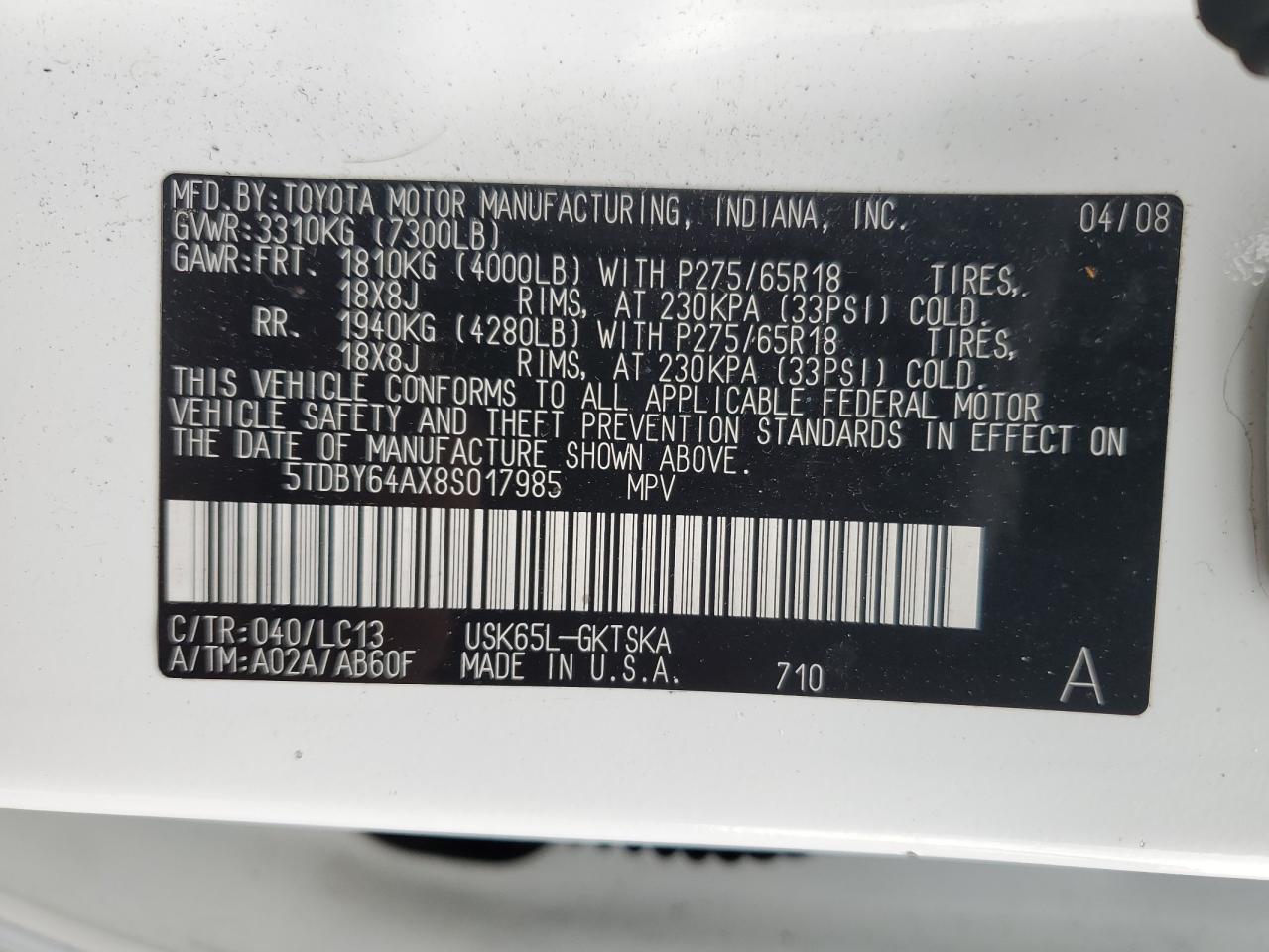 2008 Toyota Sequoia Sr5 VIN: 5TDBY64AX8S017985 Lot: 55979125