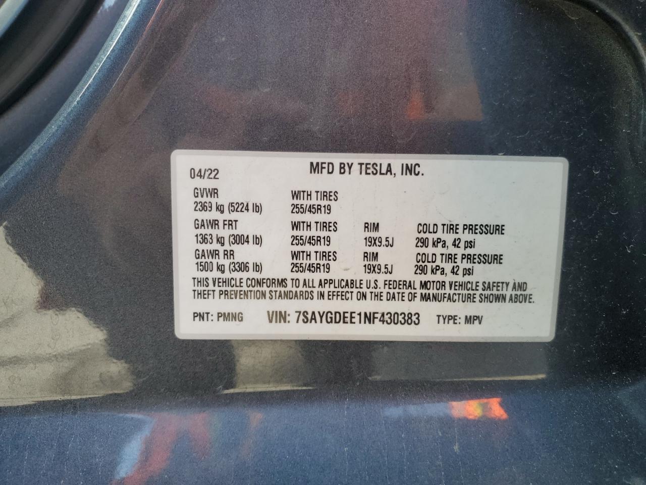 2022 Tesla Model Y VIN: 7SAYGDEE1NF430383 Lot: 56208825