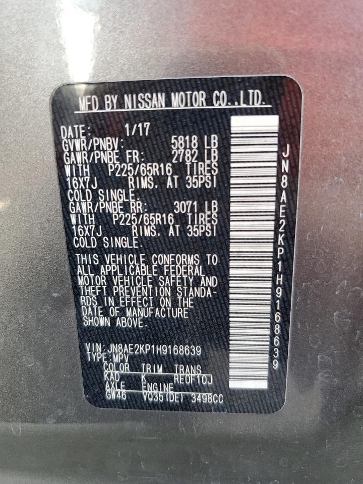 2017 Nissan Quest S VIN: JN8AE2KP1H9168639 Lot: 56042905