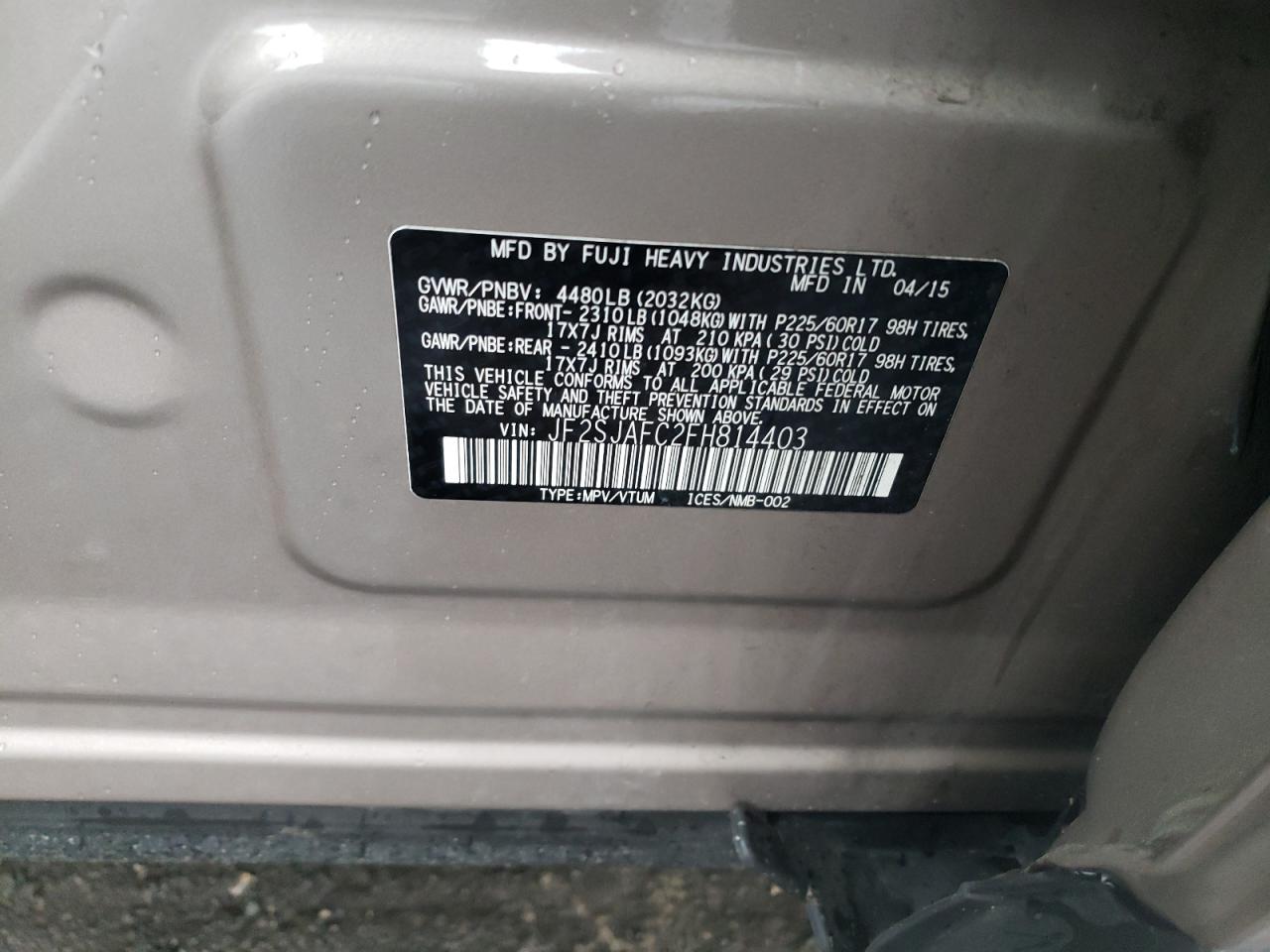 2015 Subaru Forester 2.5I Premium VIN: JF2SJAFC2FH814403 Lot: 56585845