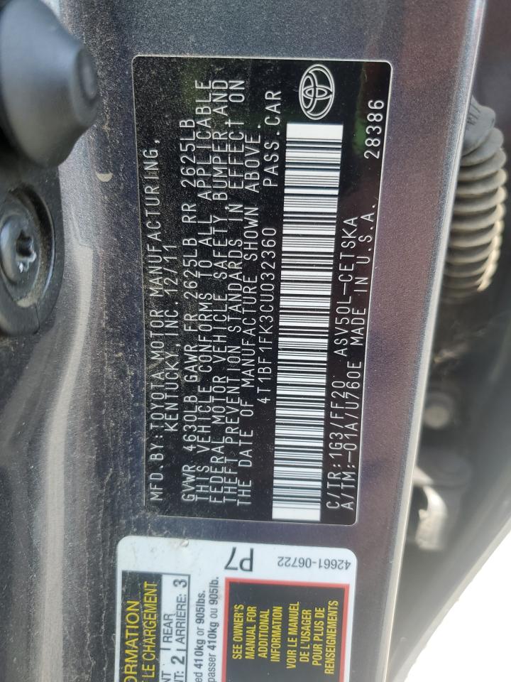 2012 Toyota Camry Base VIN: 4T1BF1FK3CU032360 Lot: 57056185