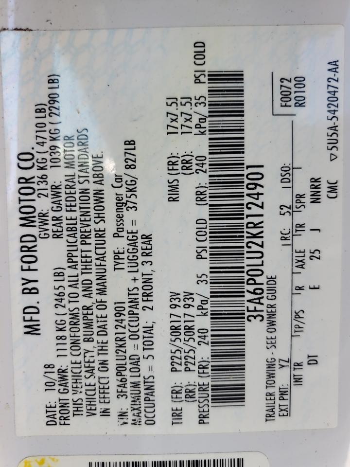 2019 Ford Fusion Se VIN: 3FA6P0LU2KR124901 Lot: 56830315