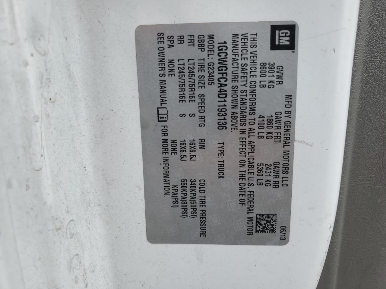 2013 Chevrolet Express G2500 VIN: 1GCWGFCA4D1193136 Lot: 58049215