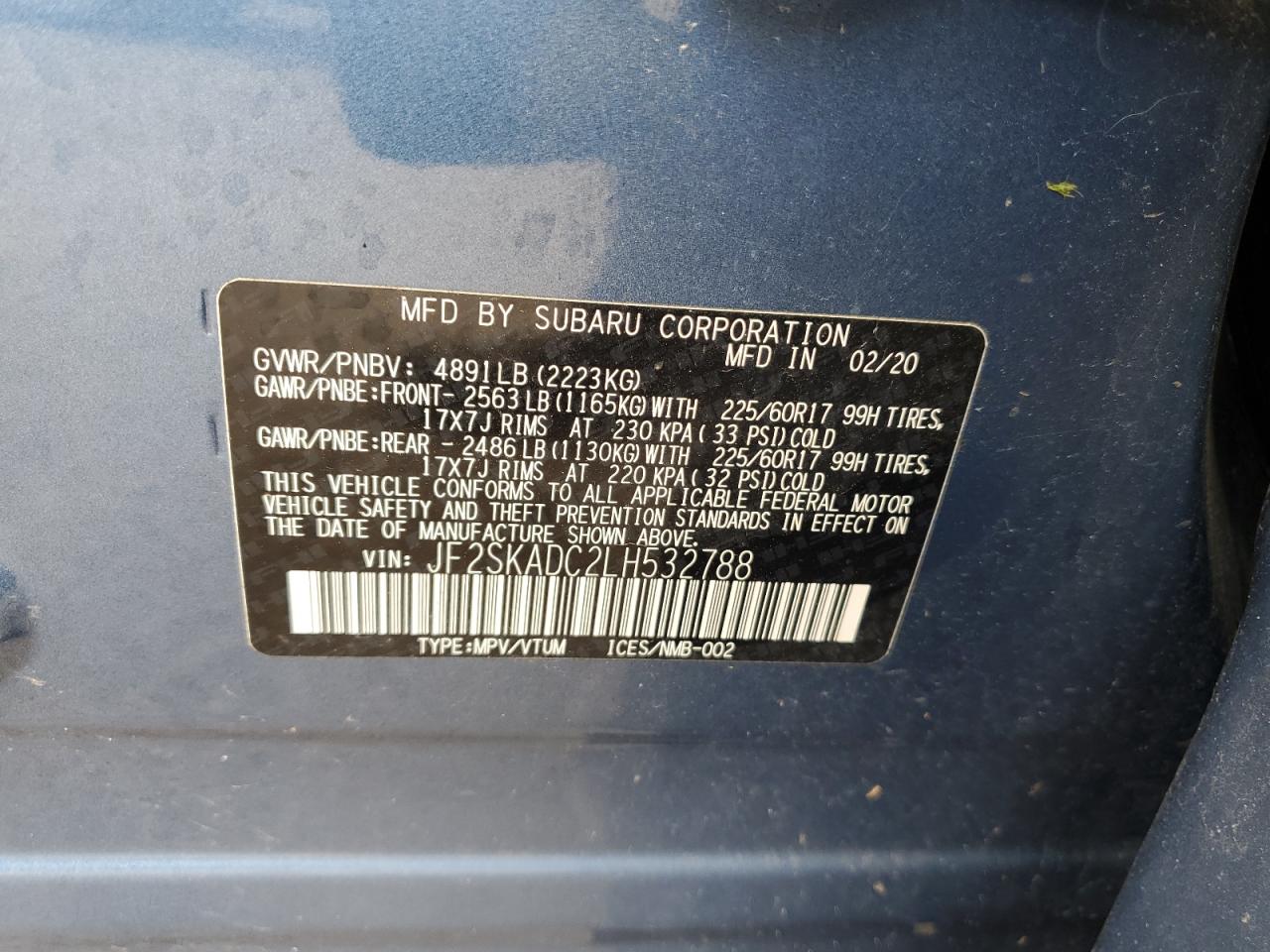 2020 Subaru Forester VIN: JF2SKADC2LH532788 Lot: 57043795