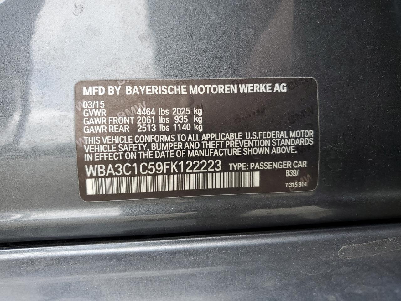 2015 BMW 328 I Sulev VIN: WBA3C1C59FK122223 Lot: 56991615