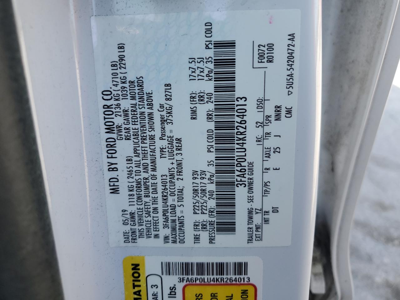 2019 Ford Fusion Se VIN: 3FA6P0LU4KR264013 Lot: 54028335