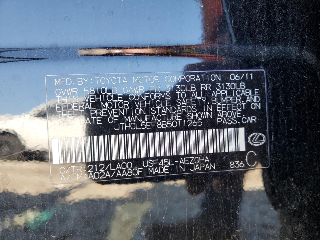 2011 Lexus Ls 460 VIN: JTHCL5EF8B5011265 Lot: 58714405