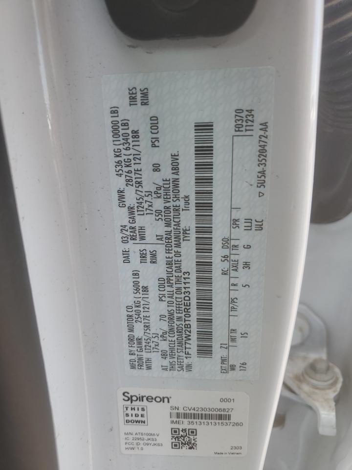 2024 Ford F250 Super Duty VIN: 1FT7W2BT0RED31113 Lot: 56531535