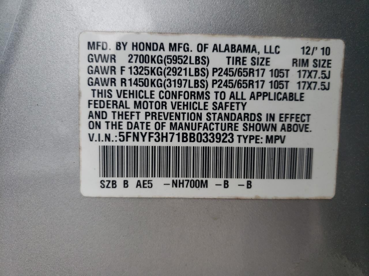 2011 Honda Pilot Exln VIN: 5FNYF3H71BB033923 Lot: 56649305