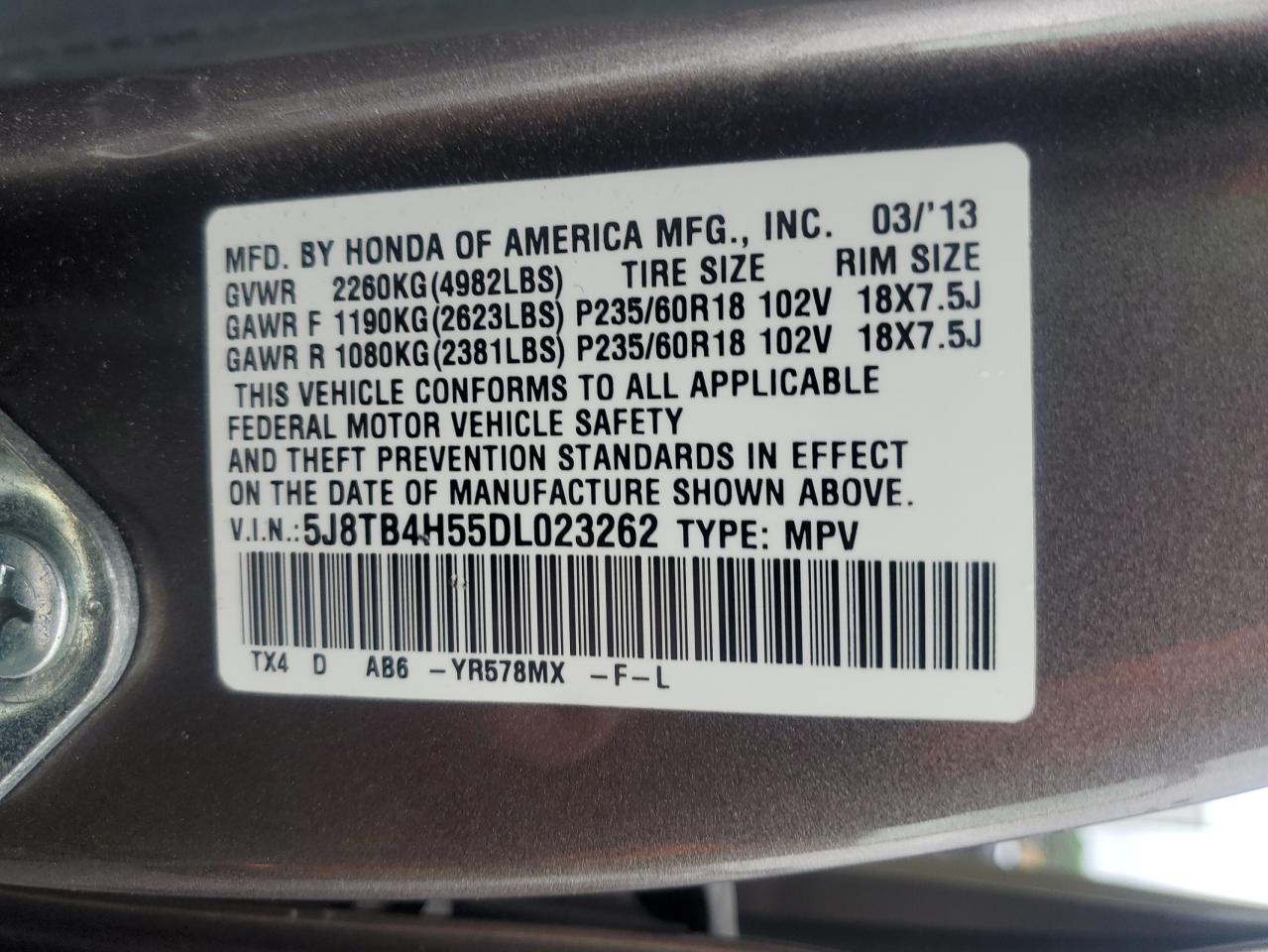 2013 Acura Rdx Technology VIN: 5J8TB4H55DL023262 Lot: 56865665