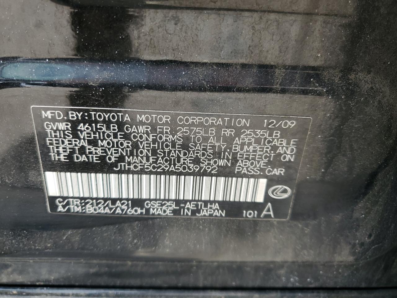 2010 Lexus Is 250 VIN: JTHCF5C29A5039792 Lot: 57095845