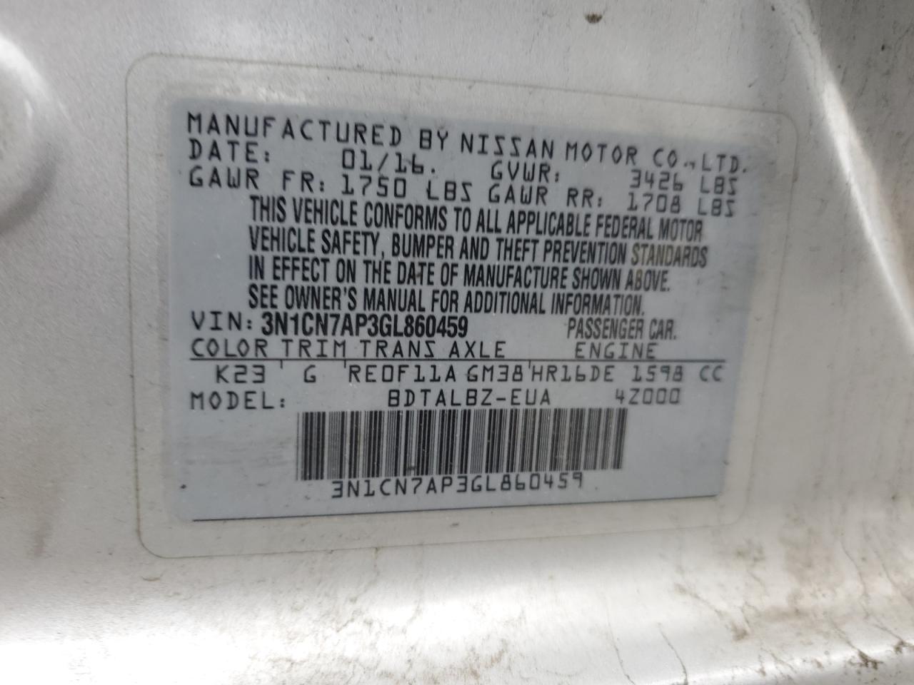 2016 Nissan Versa S VIN: 3N1CN7AP3GL860459 Lot: 56645175
