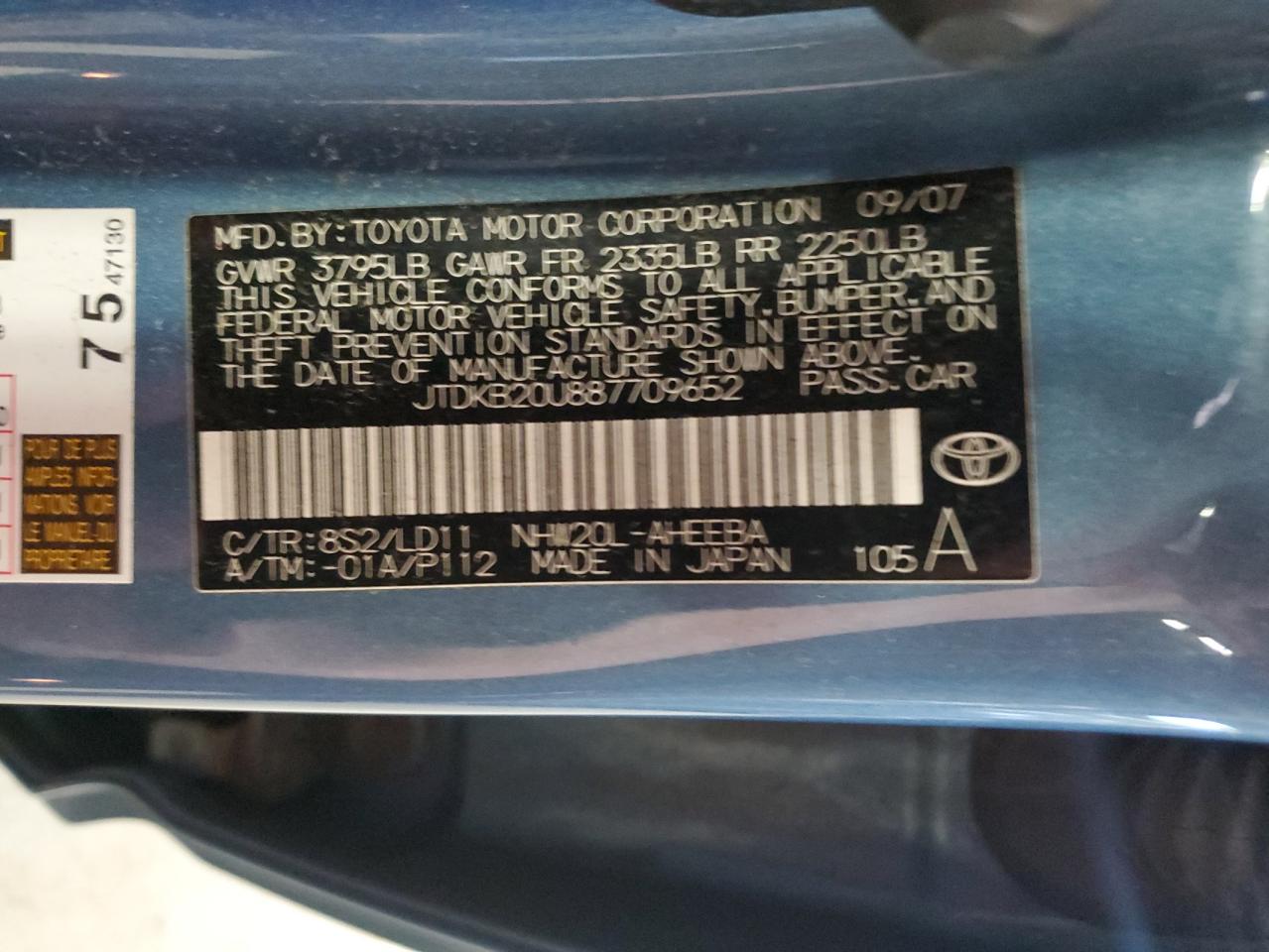 2008 Toyota Prius VIN: JTDKB20U887709652 Lot: 56728415