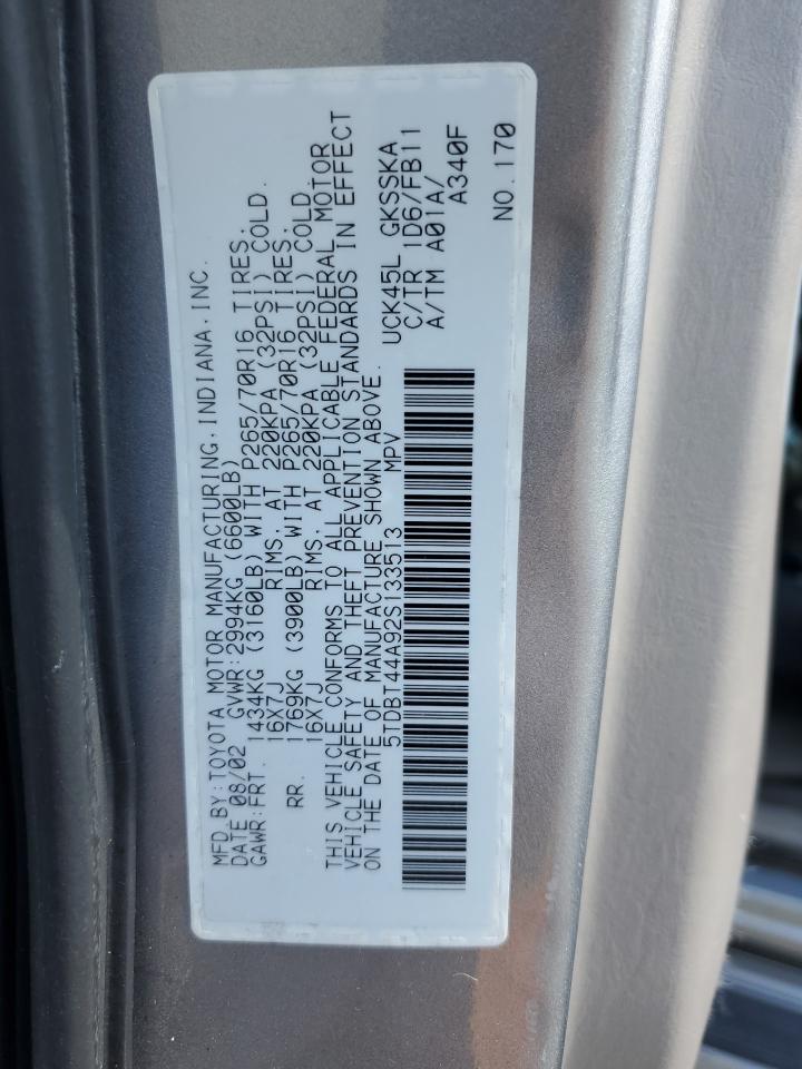 2002 Toyota Sequoia Sr5 VIN: 5TDBT44A92S133513 Lot: 56760975
