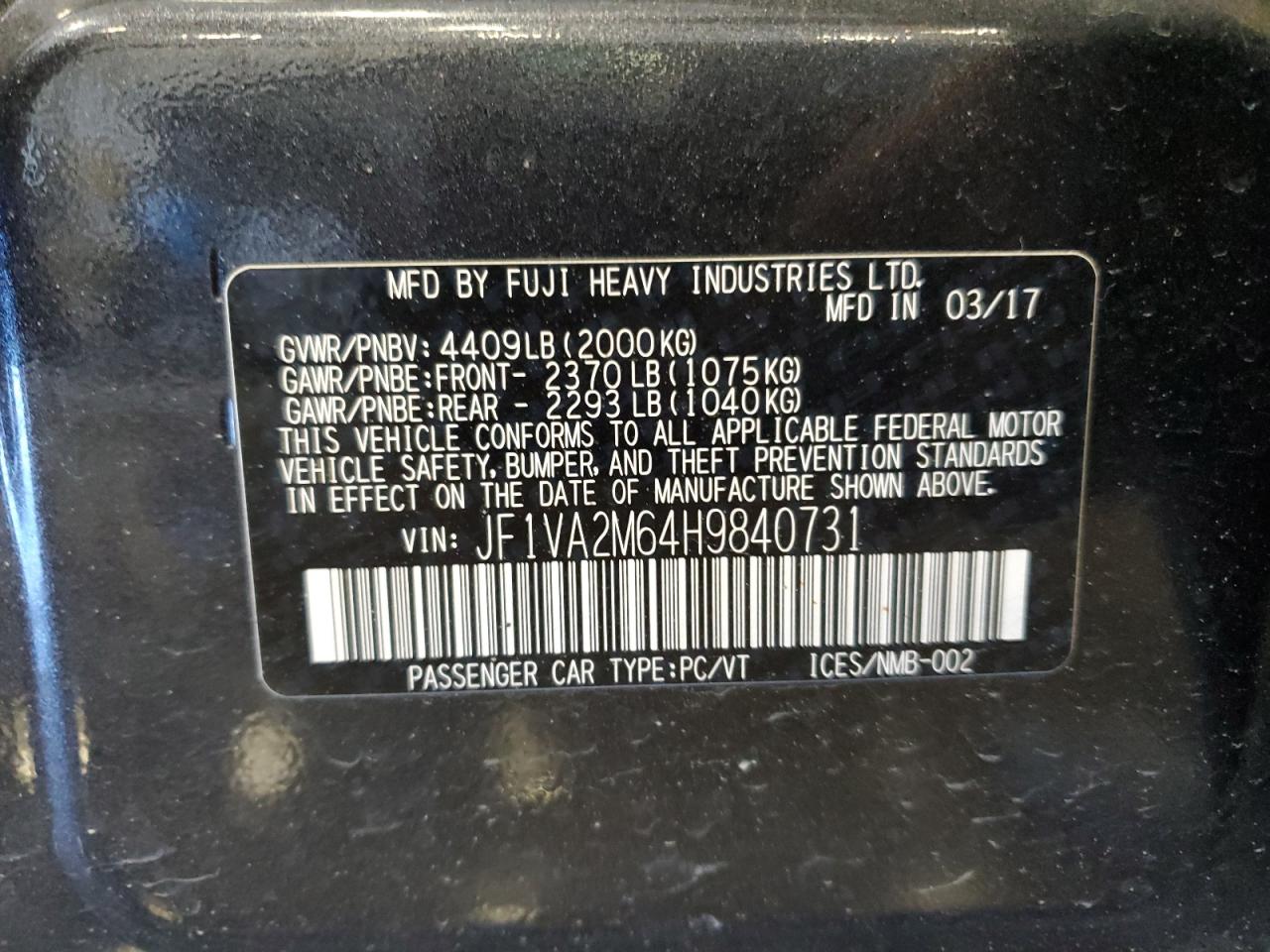 2017 Subaru Wrx Sti VIN: JF1VA2M64H9840731 Lot: 56687365