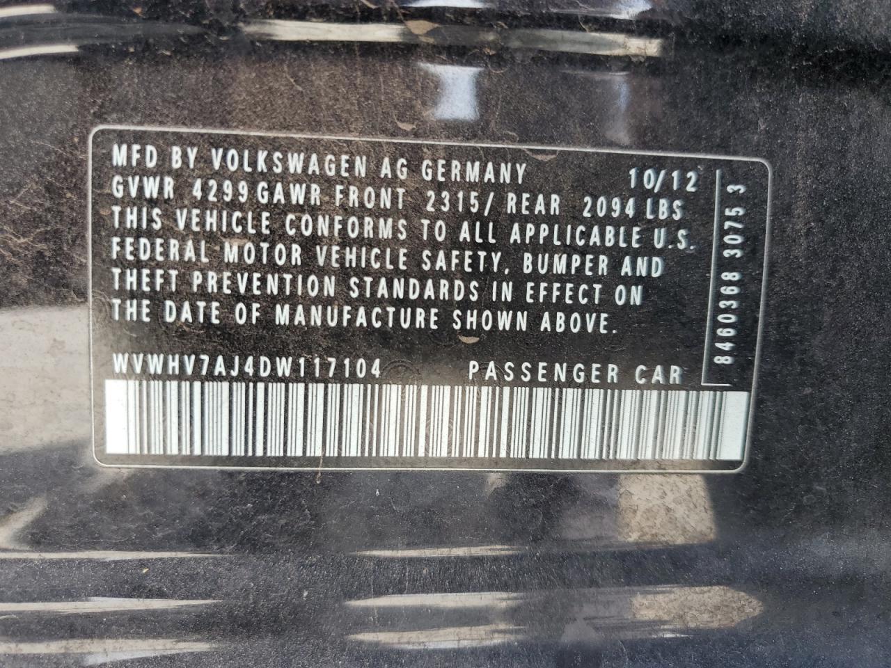 2013 Volkswagen Gti VIN: WVWHV7AJ4DW117104 Lot: 56556965