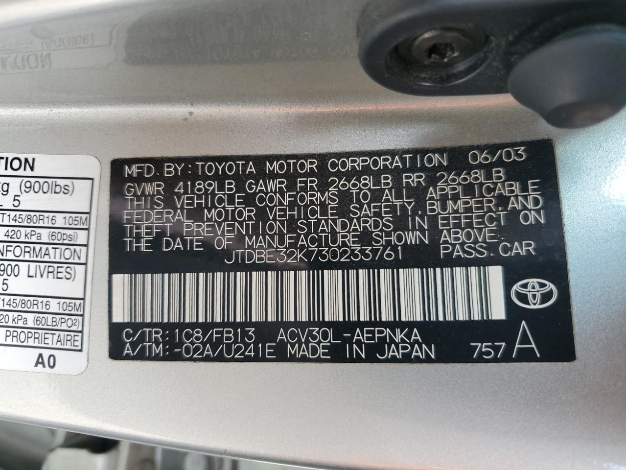 2003 Toyota Camry Le VIN: JTDBE32K730233761 Lot: 56600115
