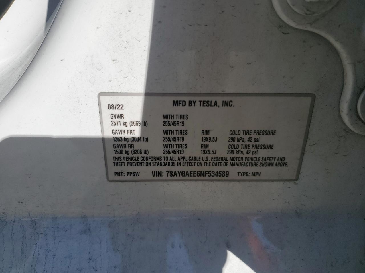 2022 Tesla Model Y VIN: 7SAYGAEE6NF534589 Lot: 57247785