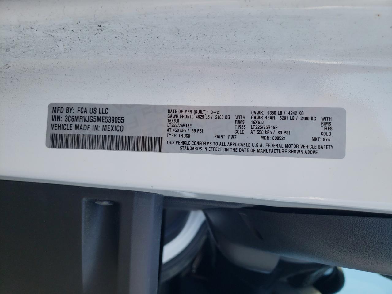 2021 Ram Promaster 3500 3500 High VIN: 3C6MRVJG5ME539055 Lot: 55753225