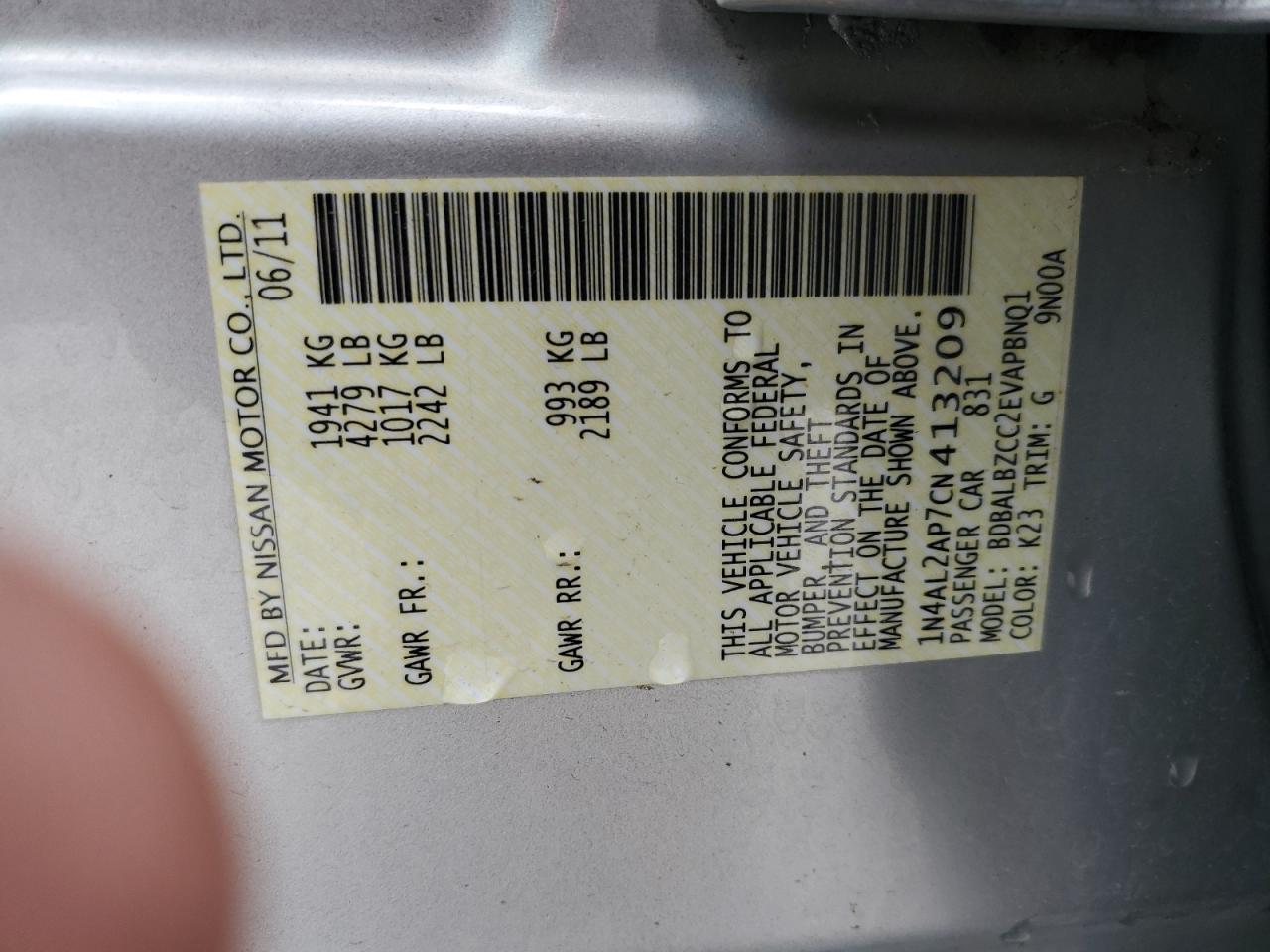 2012 Nissan Altima Base VIN: 1N4AL2AP7CN413209 Lot: 56538335
