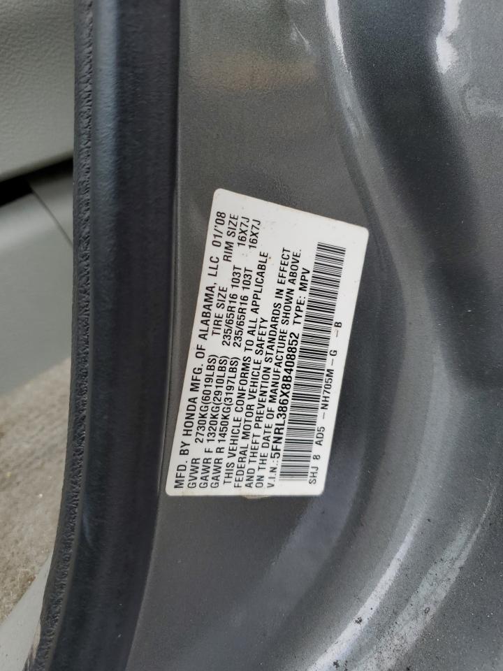 2008 Honda Odyssey Exl VIN: 5FNRL386X8B408852 Lot: 57434365