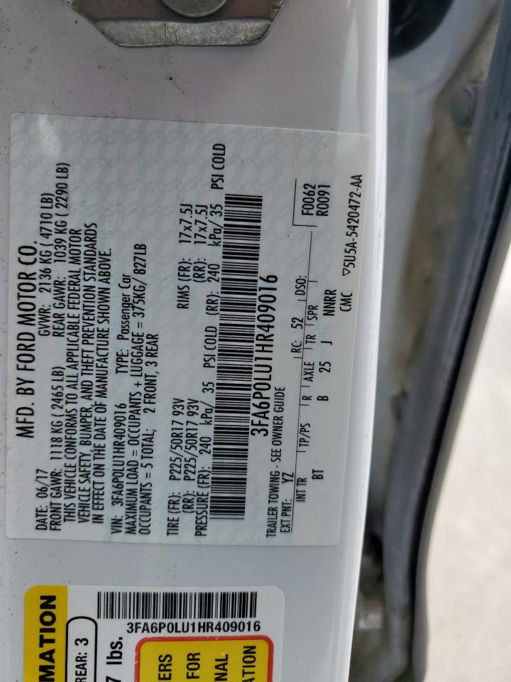 2017 Ford Fusion Se Hybrid VIN: 3FA6P0LU1HR409016 Lot: 54040705