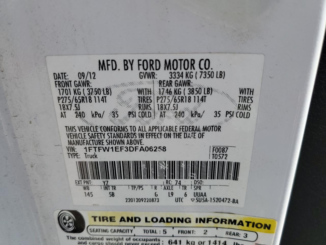 2013 Ford F150 Supercrew VIN: 1FTFW1EF3DFA06258 Lot: 56933675