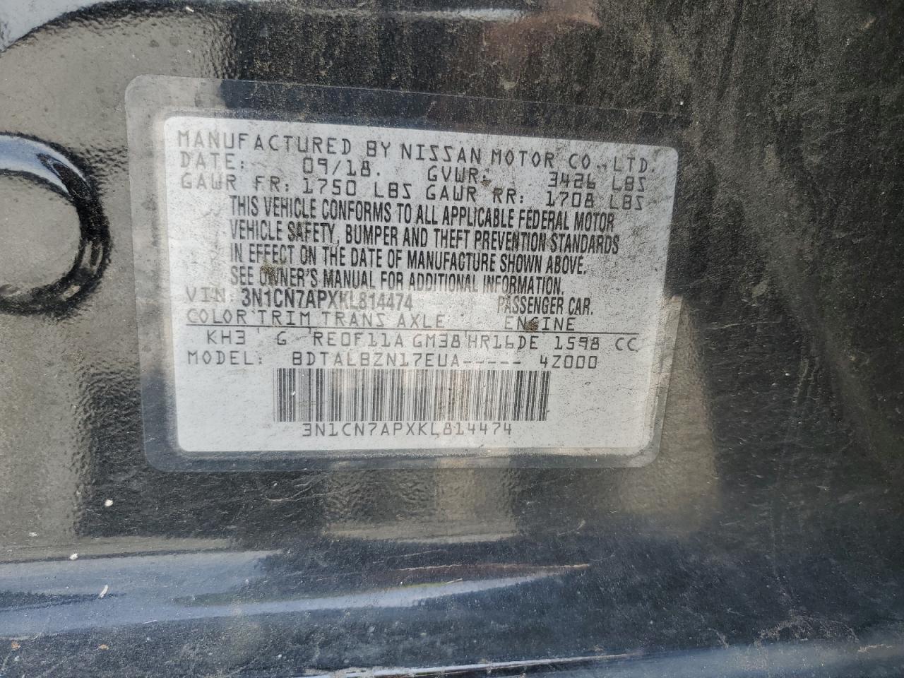 2019 Nissan Versa S VIN: 3N1CN7APXKL814474 Lot: 56930155