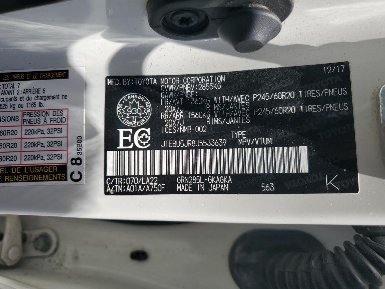 2018 Toyota 4Runner Sr5/Sr5 Premium VIN: JTEBU5JR8J5533639 Lot: 56989305