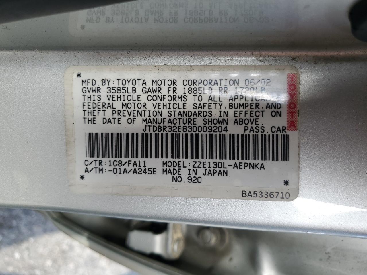 2003 Toyota Corolla Ce VIN: JTDBR32E830009204 Lot: 56993855