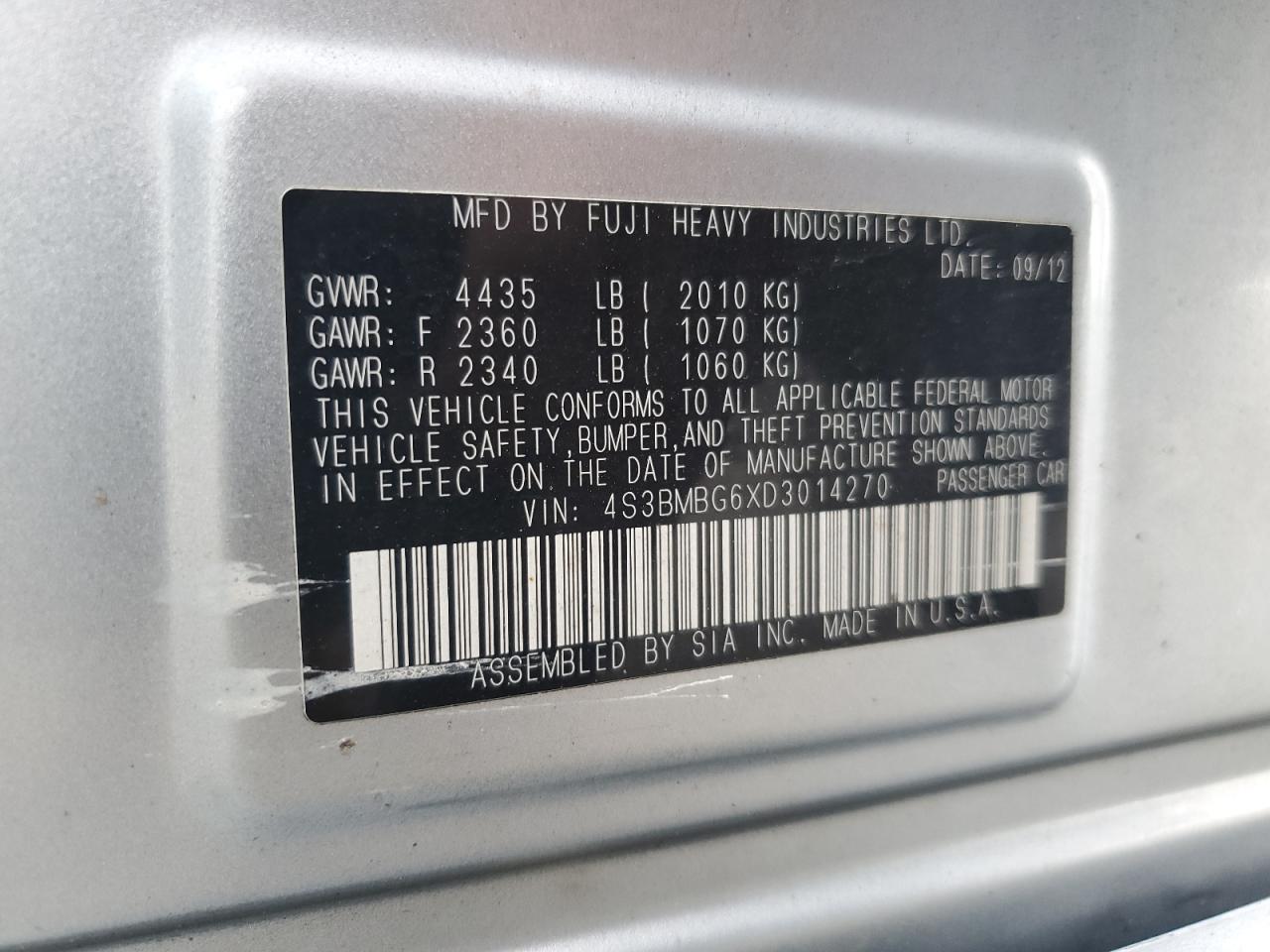 2013 Subaru Legacy 2.5I Premium VIN: 4S3BMBG6XD3014270 Lot: 57499705