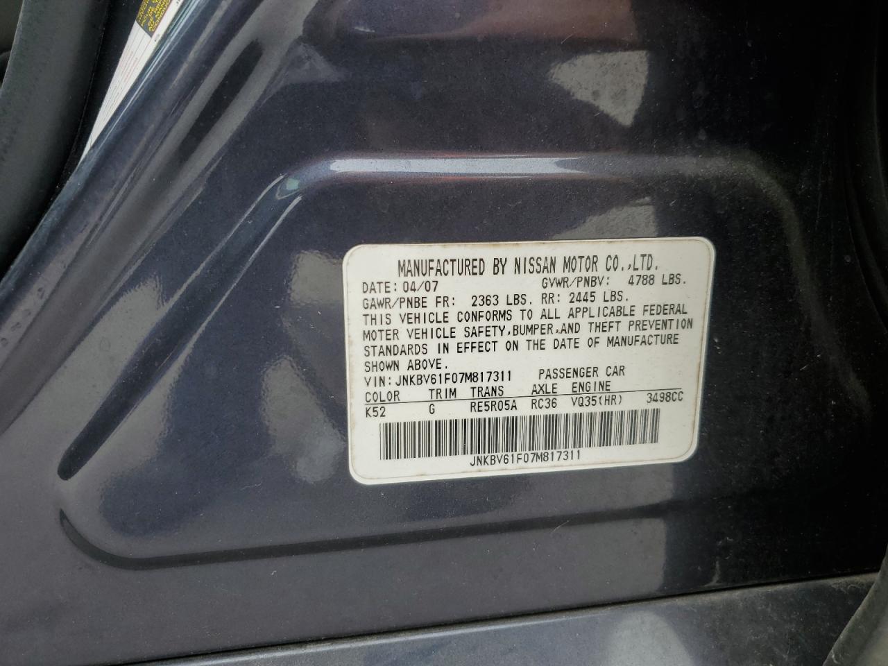 2007 Infiniti G35 VIN: JNKBV61F07M817311 Lot: 57087125