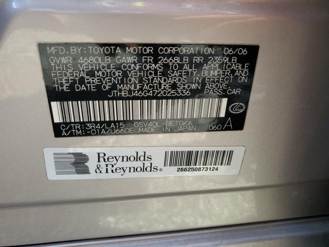 2007 Lexus Es 350 VIN: JTHBJ46G472025336 Lot: 56435285