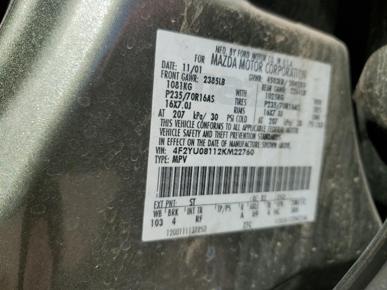 2002 Mazda Tribute Lx VIN: 4F2YU08112KM22760 Lot: 56023875