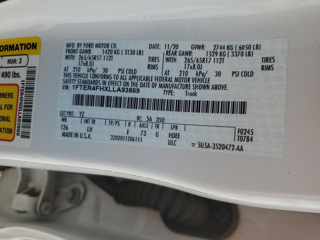 2020 Ford Ranger Xl VIN: 1FTER4FHXLLA93869 Lot: 56553955
