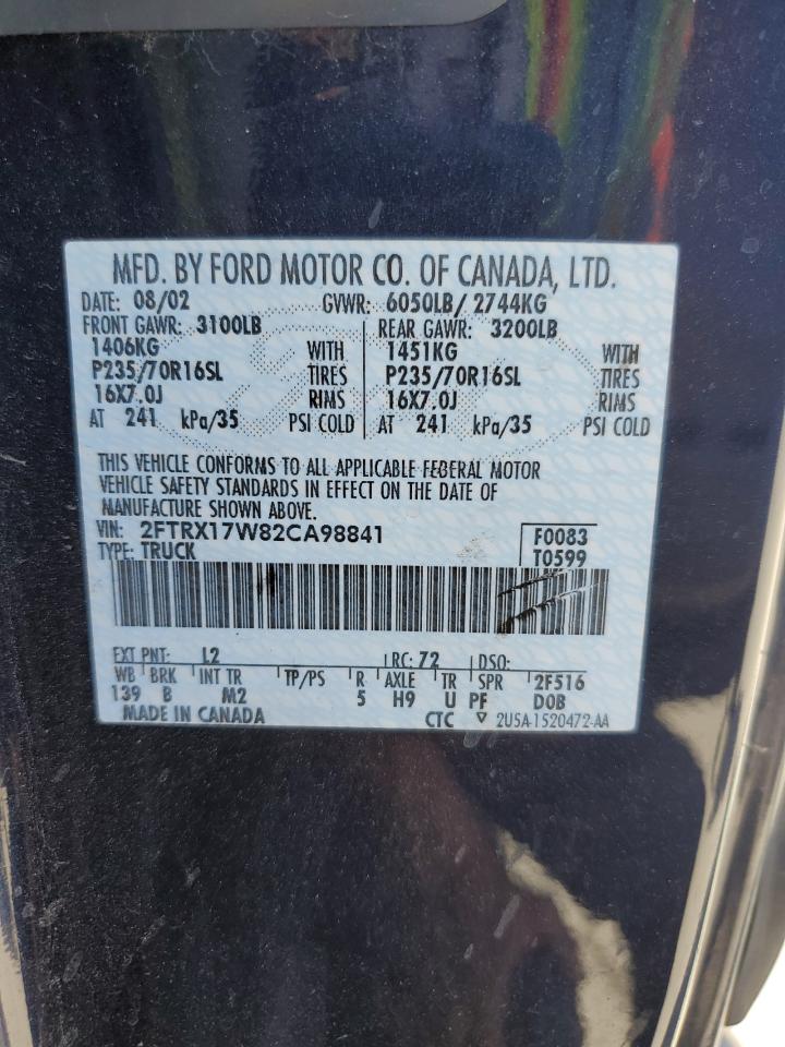 2002 Ford F150 VIN: 2FTRX17W82CA98841 Lot: 57055285