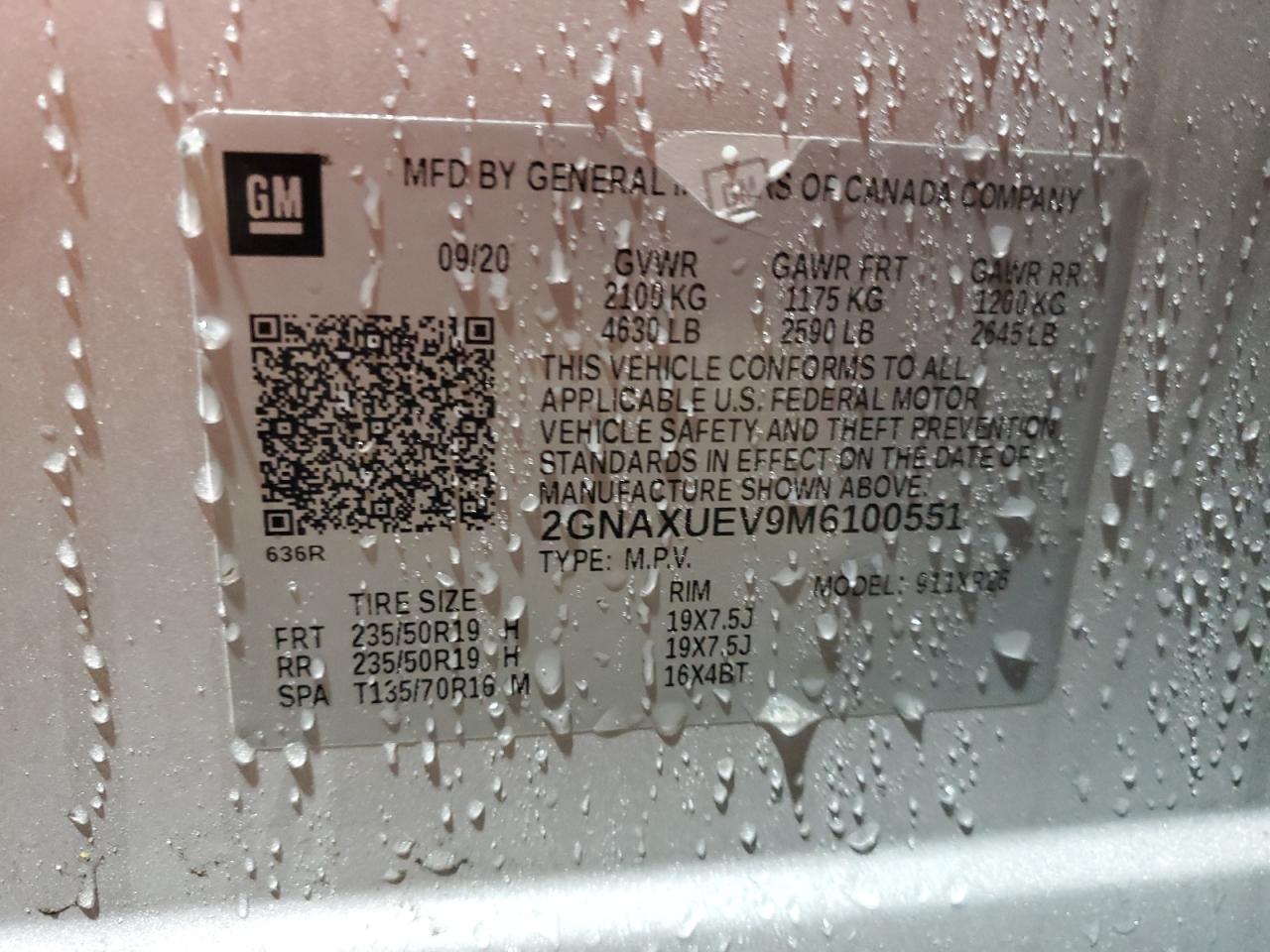 2021 Chevrolet Equinox Lt VIN: 2GNAXUEV9M6100551 Lot: 57058635