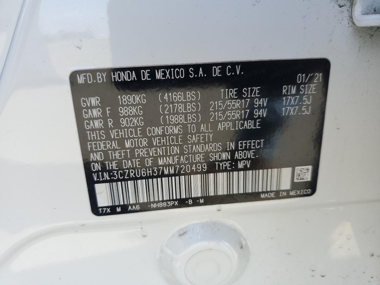 2021 Honda Hr-V Lx VIN: 3CZRU6H37MM720499 Lot: 56798995