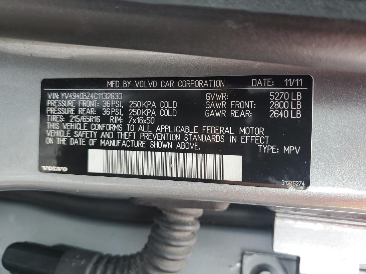 2012 Volvo Xc70 3.2 VIN: YV4940BZ4C1132830 Lot: 58549525