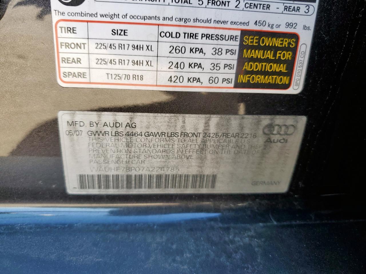 2007 Audi A3 2 VIN: WAUHF78P07A224785 Lot: 56322665